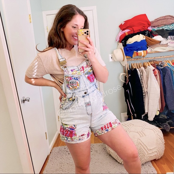 Vintage Pants - Vintage Get Used by Elie RARE Graffiti Print Logo Short Overalls Denim 90s Cute